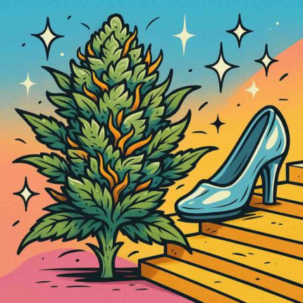 Illustration zur Sorte Auto Cinderella Jack – Comicstil mit Cannabisblüte und gläsernem Schuh als märchenhafte Assoziation
