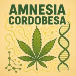 Comic-Illustration zur Sorte Amnesia Cordobesa – stilisierte Cannabisblüte mit gold-gelben Akzenten, inspiriert von Córdoba-Architektur, vor warmem Hintergrund