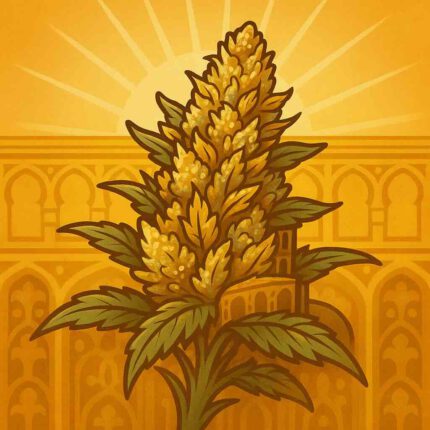 Comic-Illustration zur Sorte Amnesia Cordobesa – stilisierte Cannabisblüte mit gold-gelben Akzenten, inspiriert von Córdoba-Architektur, vor warmem Hintergrund