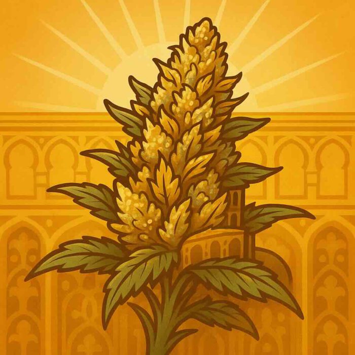 Comic-Illustration zur Sorte Amnesia Cordobesa – stilisierte Cannabisblüte mit gold-gelben Akzenten, inspiriert von Córdoba-Architektur, vor warmem Hintergrund