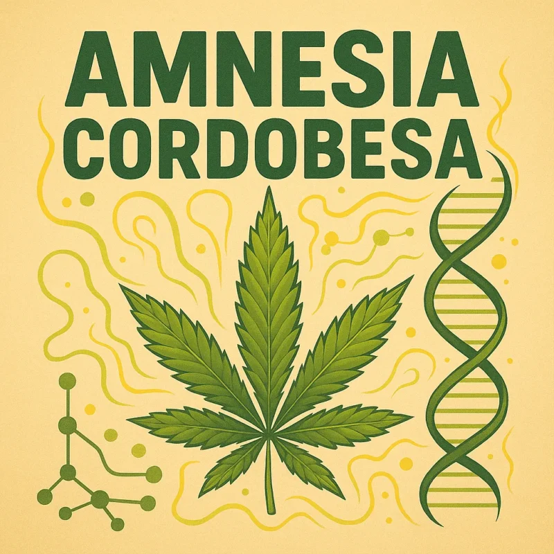 Comic-Illustration zur Sorte Amnesia Cordobesa – stilisierte Cannabisblüte mit gold-gelben Akzenten, inspiriert von Córdoba-Architektur, vor warmem Hintergrund