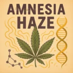 Comic-Illustration zur Sorte Amnesia Haze – stilisierte Cannabisblüte mit gold-gelben und grünen Akzenten, Lichtstrahlen im Hintergrund
