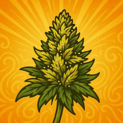 Comic-Illustration zur Sorte Amnesia Haze – stilisierte Cannabisblüte mit gold-gelben und grünen Akzenten, Lichtstrahlen im Hintergrund