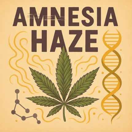 Comic-Illustration zur Sorte Amnesia Haze – stilisierte Cannabisblüte mit gold-gelben und grünen Akzenten, Lichtstrahlen im Hintergrund