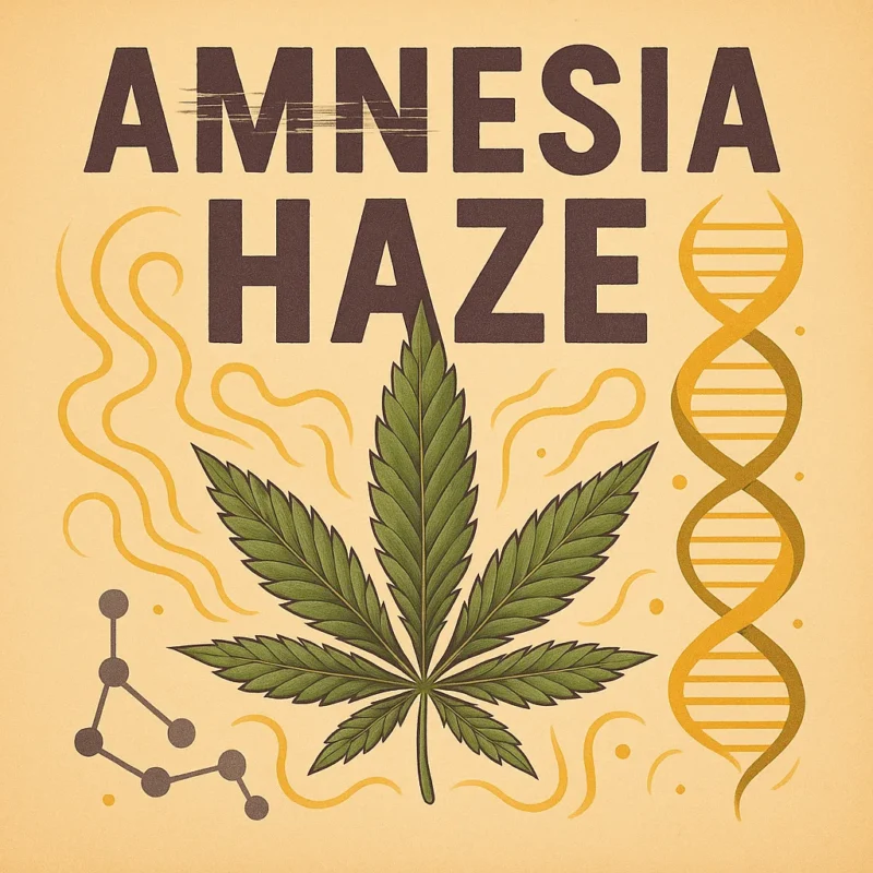 Comic-Illustration zur Sorte Amnesia Haze – stilisierte Cannabisblüte mit gold-gelben und grünen Akzenten, Lichtstrahlen im Hintergrund