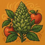 Comic-Illustration zur Sorte Apple Fritter – stilisierte Cannabisblüte mit roten und goldenen Akzenten, inspiriert von Apfel-Desserts, vor warmem Hintergrund