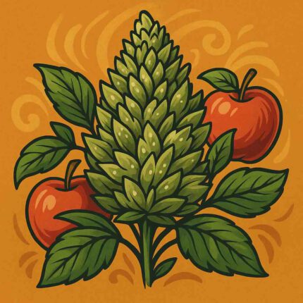 Comic-Illustration zur Sorte Apple Fritter – stilisierte Cannabisblüte mit roten und goldenen Akzenten, inspiriert von Apfel-Desserts, vor warmem Hintergrund