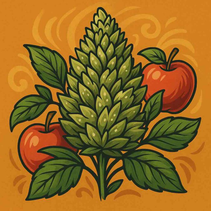 Comic-Illustration zur Sorte Apple Fritter – stilisierte Cannabisblüte mit roten und goldenen Akzenten, inspiriert von Apfel-Desserts, vor warmem Hintergrund