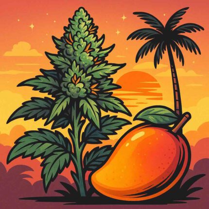 Comic-Illustration zur Sorte Auto BR Mango – stilisierte Cannabisblüte mit tropischem Mango-Design und leuchtend warmen Farben