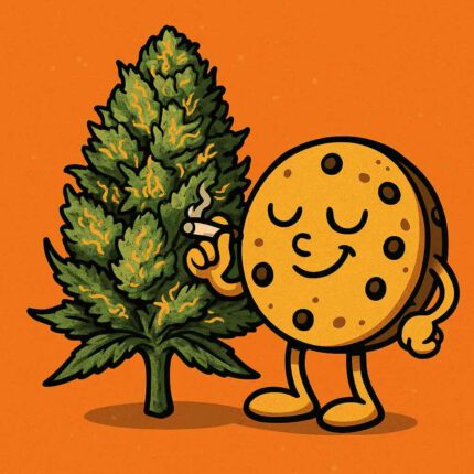 Comic-Illustration zur Sorte Auto Girl Scout Cookies – stilisierte Cannabisblüte mit Cookie-Elementen vor warmem, orangem Hintergrund