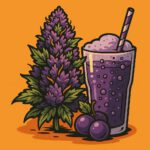 Comic-Illustration zur Sorte Auto Grape Soda – stilisierte Cannabisblüte mit lila Trauben-Elementen vor warmem, orangem Hintergrund