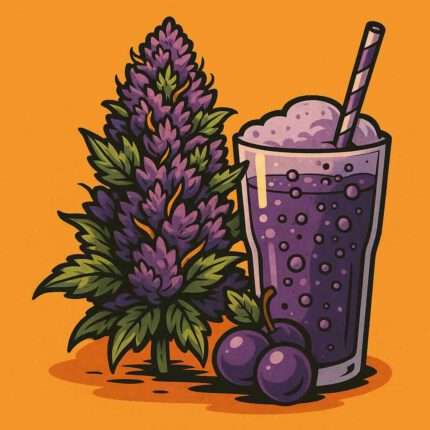 Comic-Illustration zur Sorte Auto Grape Soda – stilisierte Cannabisblüte mit lila Trauben-Elementen vor warmem, orangem Hintergrund