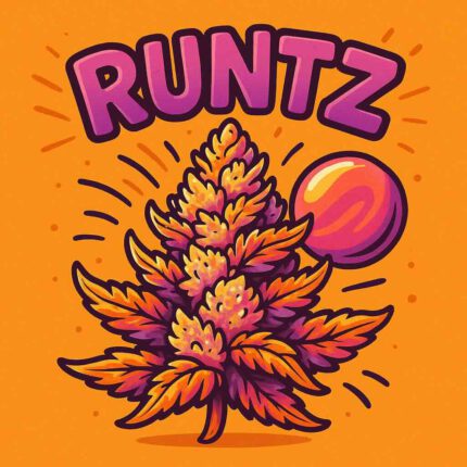 Comic-Illustration zur Sorte Auto Runtz – stilisierte Cannabisblüte mit Bonbon-Elementen vor warmem, orangem Hintergrund