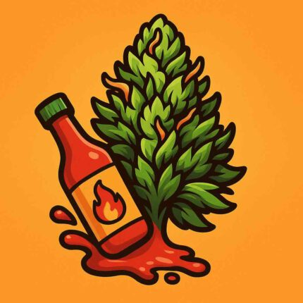 Comic-Illustration zur Sorte Auto Sauce Dog – stilisierte Cannabisblüte mit Hundepfoten-Elementen vor warmem, orangem Hintergrund
