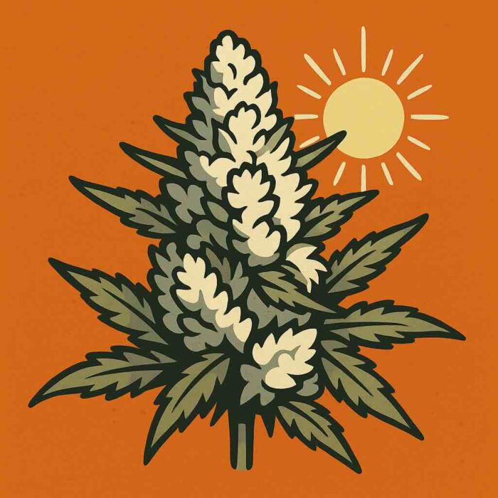 Comic-Illustration zur Sorte Auto White Haze – stilisierte Cannabisblüte mit weißen und goldenen Akzenten vor warmem, orangem Hintergrund