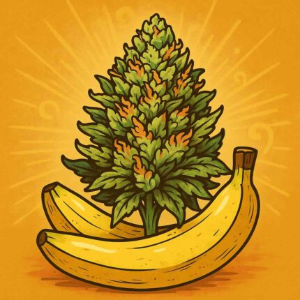 Comic-Illustration zur Sorte Banana Kush – stilisierte Cannabisblüte vor zwei reifen Bananen, gold-gelber Hintergrund mit Strahlenmuster