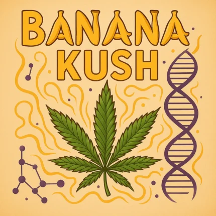 Comic-Illustration zur Sorte Banana Kush – stilisierte Cannabisblüte vor zwei reifen Bananen, gold-gelber Hintergrund mit Strahlenmuster