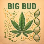 Comic-Illustration zur Sorte Big Bud – große, stilisierte Cannabisblüte in Grün-Gelb mit Glanzeffekten vor warmem Hintergrund