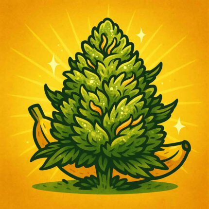 Comic-Illustration zur Sorte Big Bud – große, stilisierte Cannabisblüte in Grün-Gelb mit Glanzeffekten vor warmem Hintergrund