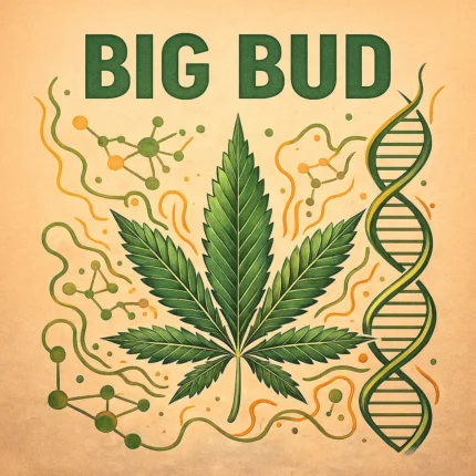 Comic-Illustration zur Sorte Big Bud – große, stilisierte Cannabisblüte in Grün-Gelb mit Glanzeffekten vor warmem Hintergrund
