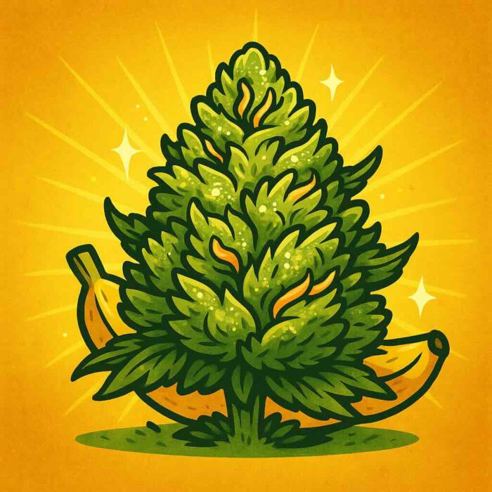 Comic-Illustration zur Sorte Big Bud – große, stilisierte Cannabisblüte in Grün-Gelb mit Glanzeffekten vor warmem Hintergrund