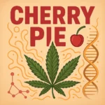 Comic-Illustration zur Sorte Cherry Pie – pink-rote Cannabisblüte neben einem Kirschkuchen im Comic-Stil, vor orangefarbenem Hintergrund mit fettem Retro-Schriftzug