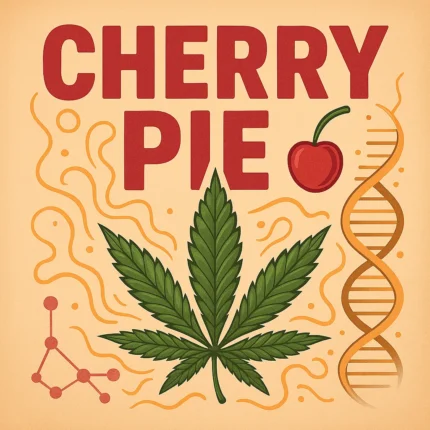Comic-Illustration zur Sorte Cherry Pie – pink-rote Cannabisblüte neben einem Kirschkuchen im Comic-Stil, vor orangefarbenem Hintergrund mit fettem Retro-Schriftzug
