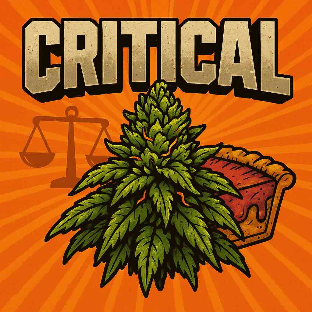 Critical Comic-Illustration zur Sorte Critical – grüne Cannabisblüte mit Waage-Symbol im Hintergrund und fettem Schriftzug vor orangefarbenem Hintergrund