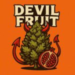 Comic-Illustration der Sorte Devil Fruit – stilisierte Cannabisblüte mit Teufelshörnern vor orangefarbenem Hintergrund, Schriftzug „Devil Fruit“.