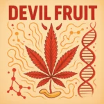 Comic-Illustration der Sorte Devil Fruit – stilisierte Cannabisblüte mit Teufelshörnern vor orangefarbenem Hintergrund, Schriftzug „Devil Fruit“.