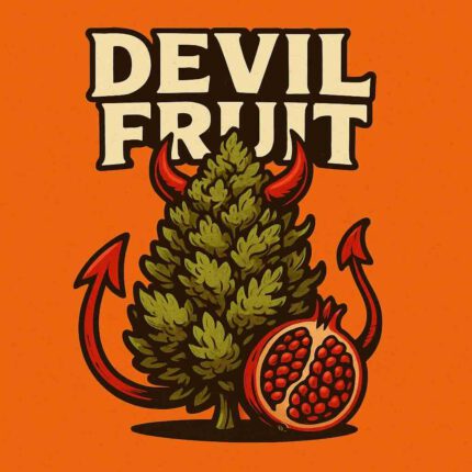 Comic-Illustration der Sorte Devil Fruit – stilisierte Cannabisblüte mit Teufelshörnern vor orangefarbenem Hintergrund, Schriftzug „Devil Fruit“.