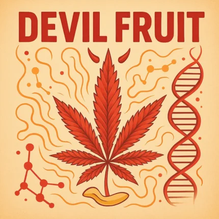 Comic-Illustration der Sorte Devil Fruit – stilisierte Cannabisblüte mit Teufelshörnern vor orangefarbenem Hintergrund, Schriftzug „Devil Fruit“.