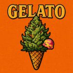 Comic-Illustration der Sorte Gelato – stilisierte Cannabisblüte in einer Eiswaffel vor orangefarbenem Hintergrund mit fettem Schriftzug „Gelato“.