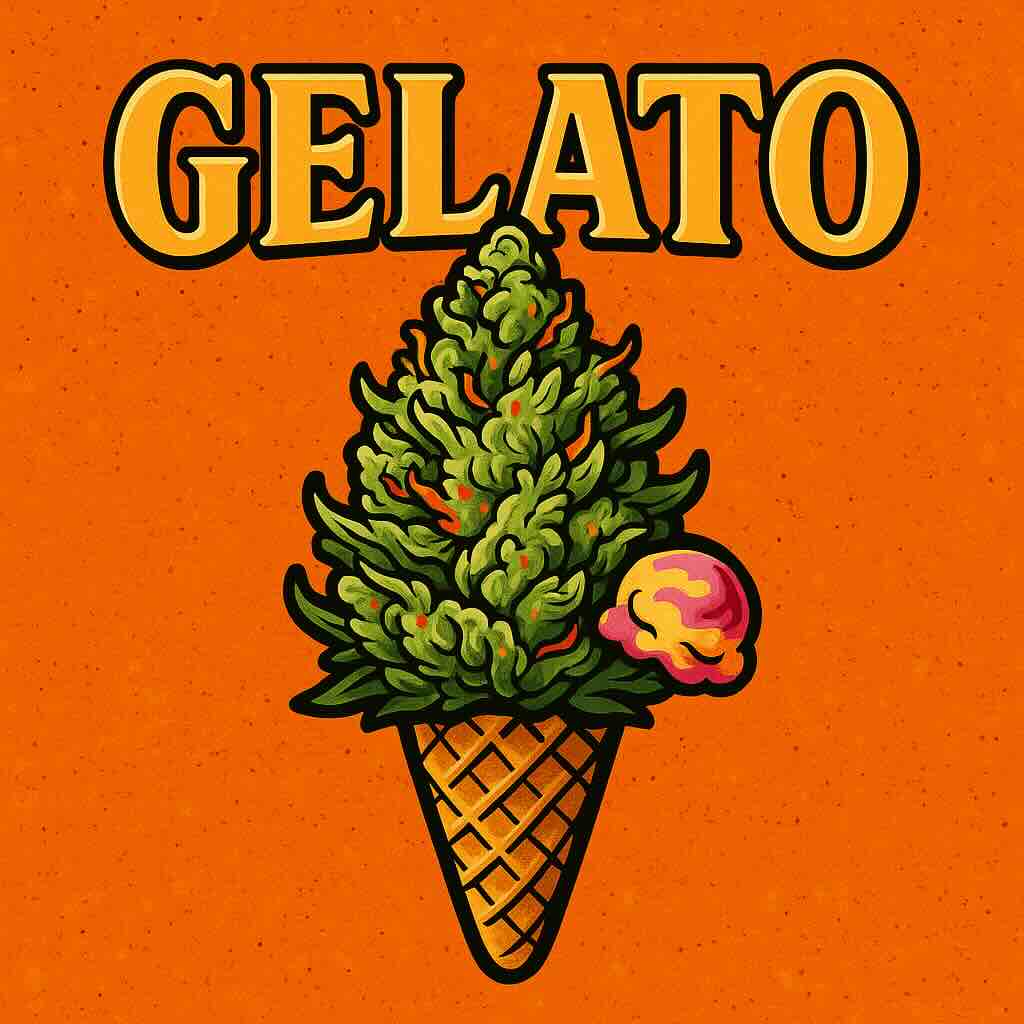Gelato Comic-Illustration der Sorte Gelato – stilisierte Cannabisblüte in einer Eiswaffel vor orangefarbenem Hintergrund mit fettem Schriftzug „Gelato“.