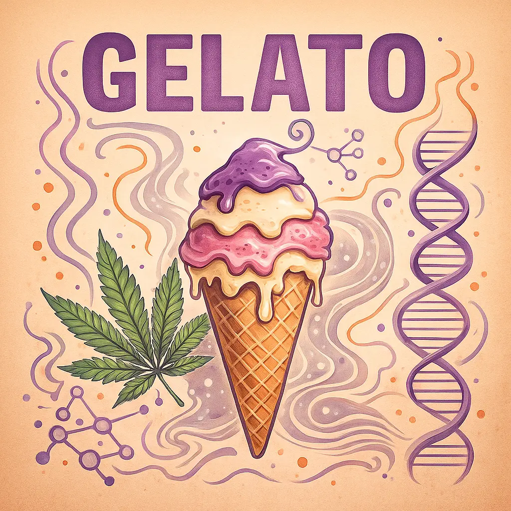 Gelato Comic-Illustration der Sorte Gelato – stilisierte Cannabisblüte in einer Eiswaffel vor orangefarbenem Hintergrund mit fettem Schriftzug „Gelato“.