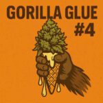 Comic-Illustration der Sorte Gorilla Glue #4 – stilisierte Cannabisblüte mit Gorilla-Hand und Klebefäden vor orangefarbenem Hintergrund, fetter Schriftzug.