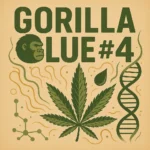 Comic-Illustration der Sorte Gorilla Glue #4 – stilisierte Cannabisblüte mit Gorilla-Hand und Klebefäden vor orangefarbenem Hintergrund, fetter Schriftzug.