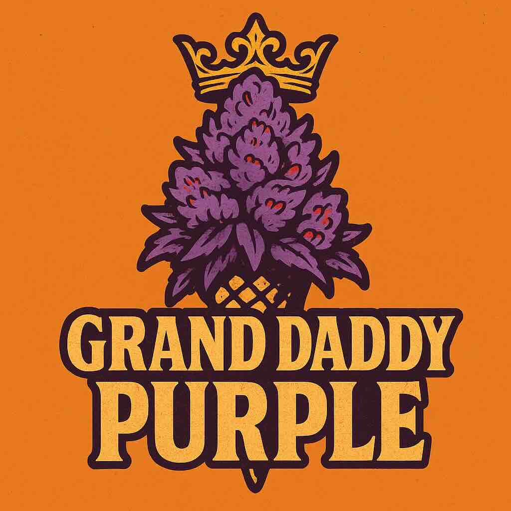 Grand Daddy Purple Comic-Illustration der Sorte Grand Daddy Purple – lilafarbene Cannabisblüte mit goldener Krone vor orangefarbenem Hintergrund, goldener Schriftzug.