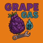 Comic-Illustration der Sorte Grape Gas – lilafarbene Bud mit Weintrauben, Gasmaske und Flamme vor orangefarbenem Hintergrund, Schriftzug „GRAPE GAS“.