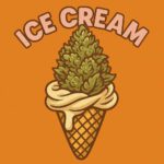 Comic-Illustration der Sorte Ice Cream – Cannabis-Bud auf einer Eiswaffel mit Vanillecreme, vor orangefarbenem Hintergrund, Schriftzug „ICE CREAM“.