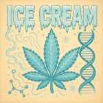 Comic-Illustration der Sorte Ice Cream – Cannabis-Bud auf einer Eiswaffel mit Vanillecreme, vor orangefarbenem Hintergrund, Schriftzug „ICE CREAM“.