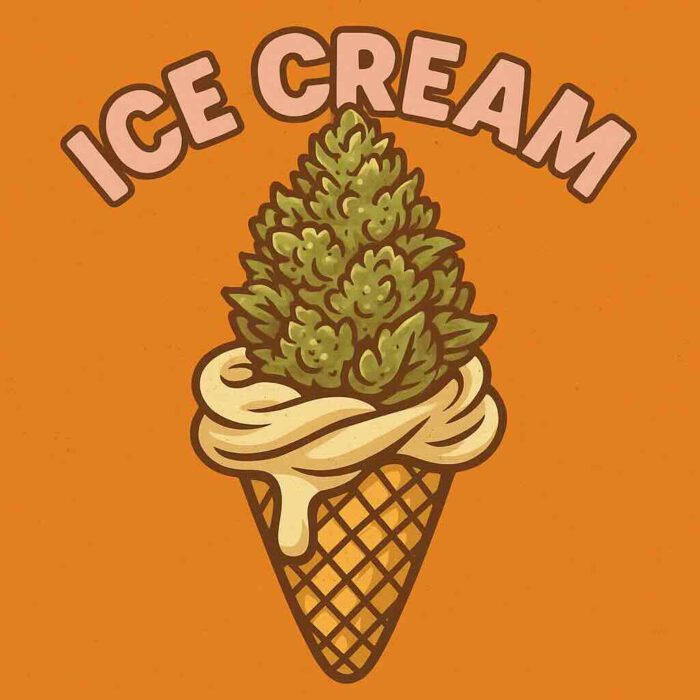 Comic-Illustration der Sorte Ice Cream – Cannabis-Bud auf einer Eiswaffel mit Vanillecreme, vor orangefarbenem Hintergrund, Schriftzug „ICE CREAM“.