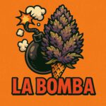 Comic-Illustration der Sorte La Bomba – violett-grüne Cannabis-Bud kombiniert mit Cartoon-Bombe und Rauch, vor orangefarbenem Hintergrund, Schriftzug „LA BOMBA“.