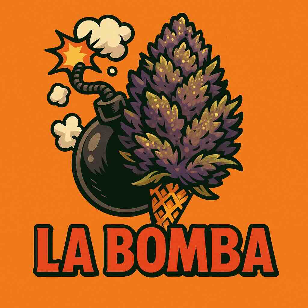 La Bomba Comic-Illustration der Sorte La Bomba – violett-grüne Cannabis-Bud kombiniert mit Cartoon-Bombe und Rauch, vor orangefarbenem Hintergrund, Schriftzug „LA BOMBA“.