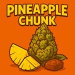 Comic-Illustration „Pineapple Chunk“ – grün-gelbe Cannabis-Bud mit Ananasstücken vor orangefarbenem Hintergrund.