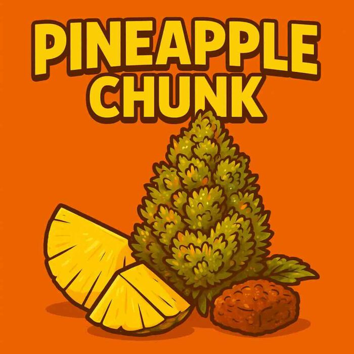 Comic-Illustration „Pineapple Chunk“ – grün-gelbe Cannabis-Bud mit Ananasstücken vor orangefarbenem Hintergrund.