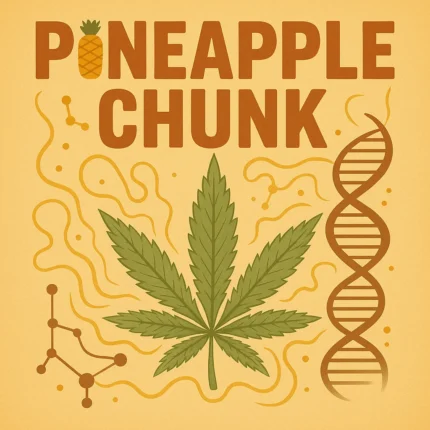 Comic-Illustration „Pineapple Chunk“ – grün-gelbe Cannabis-Bud mit Ananasstücken vor orangefarbenem Hintergrund.