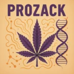 Comic-Illustration „Prozack“ – kompakte Cannabis-Bud mit Lavendelblüten, Harztropfen und orangenem Hintergrund.