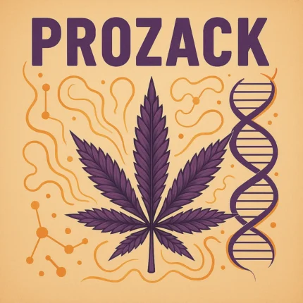 Comic-Illustration „Prozack“ – kompakte Cannabis-Bud mit Lavendelblüten, Harztropfen und orangenem Hintergrund.