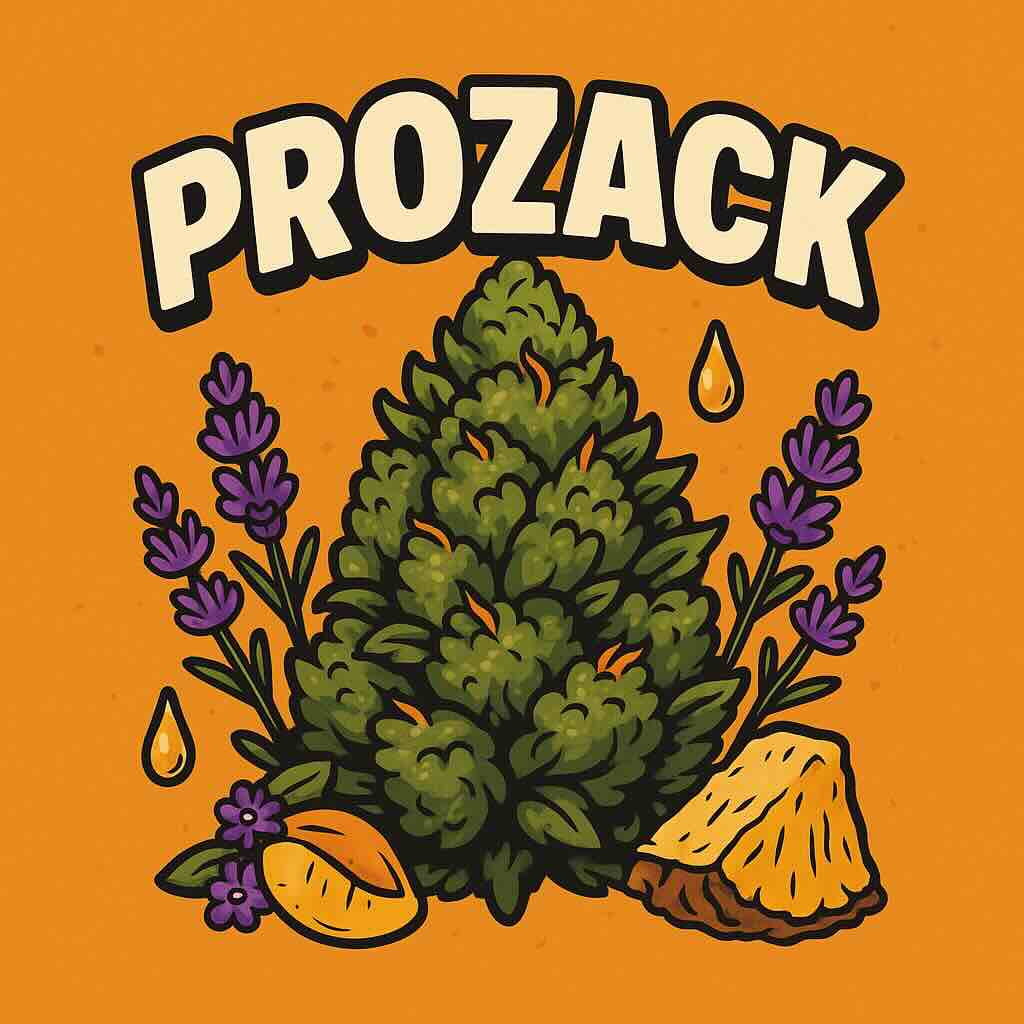 Prozack Comic-Illustration „Prozack“ – kompakte Cannabis-Bud mit Lavendelblüten, Harztropfen und orangenem Hintergrund.
